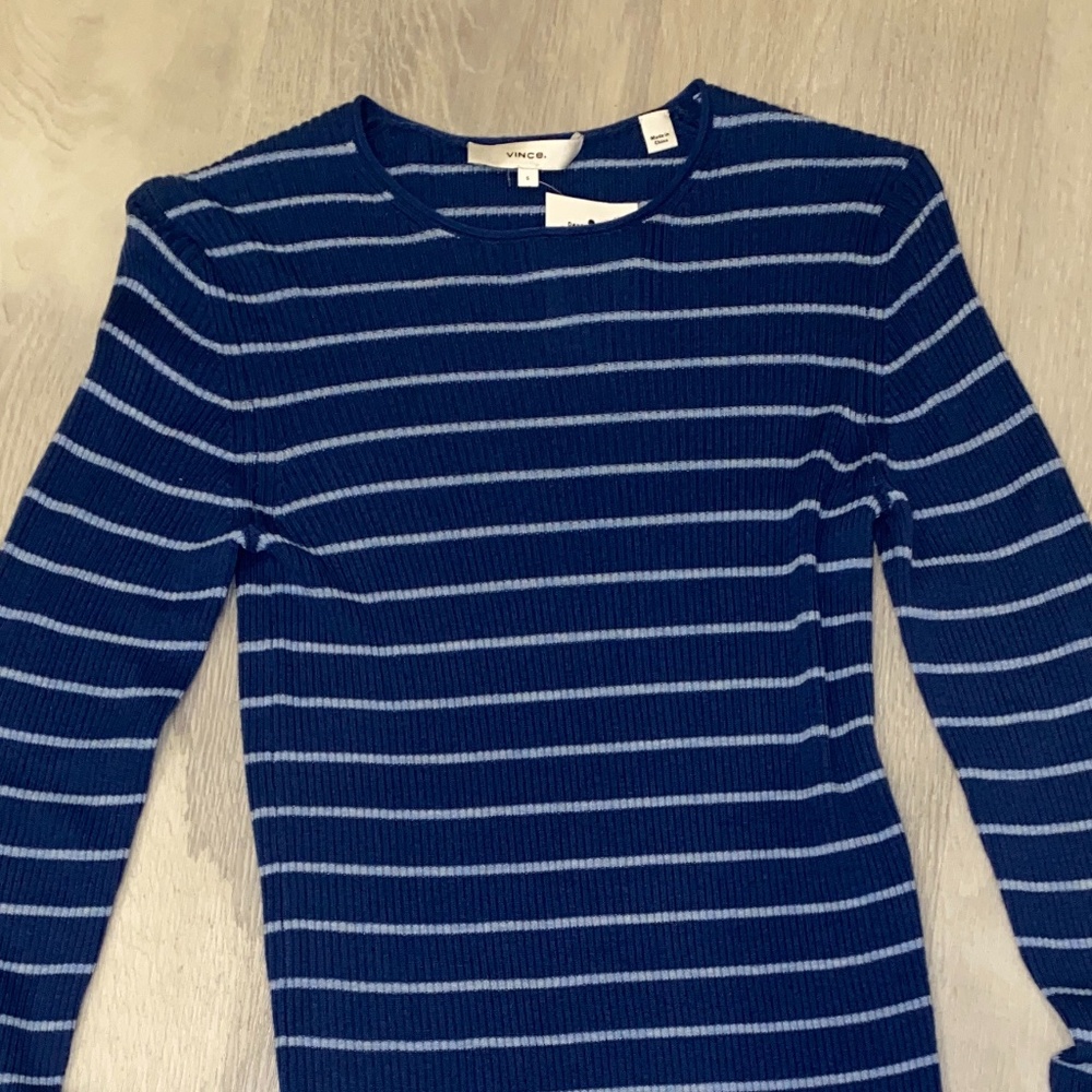 VINCE navy blue striped long sleeve w ruffle trim
